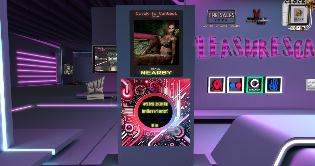 An interactive contact board prominently displayed in Daria's store, inviting visitors to connect with her for the Ultimate Lovense Experience.